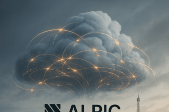 Illustration futuriste d'une infrastructure cloud MCP-native pour agents IA au-dessus de Paris