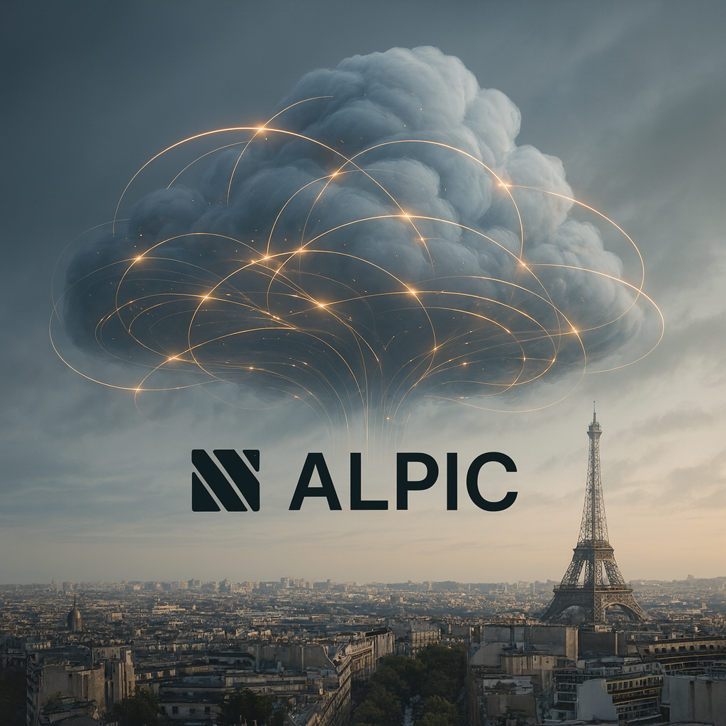 Illustration futuriste d'une infrastructure cloud MCP-native pour agents IA au-dessus de Paris
